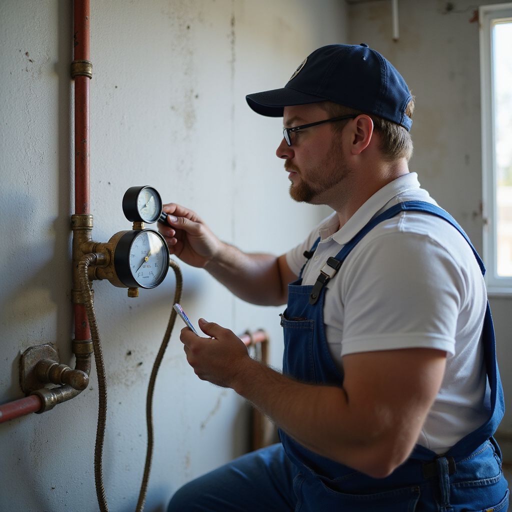 Plumber in a cap and overalls adjusting gauges on a wall.