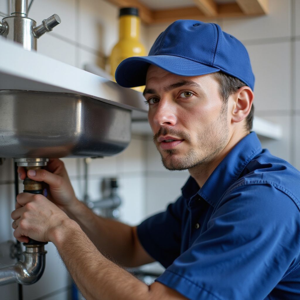 Man in blue uniform fixing a sink drain, focused expression. Kitchen setting.