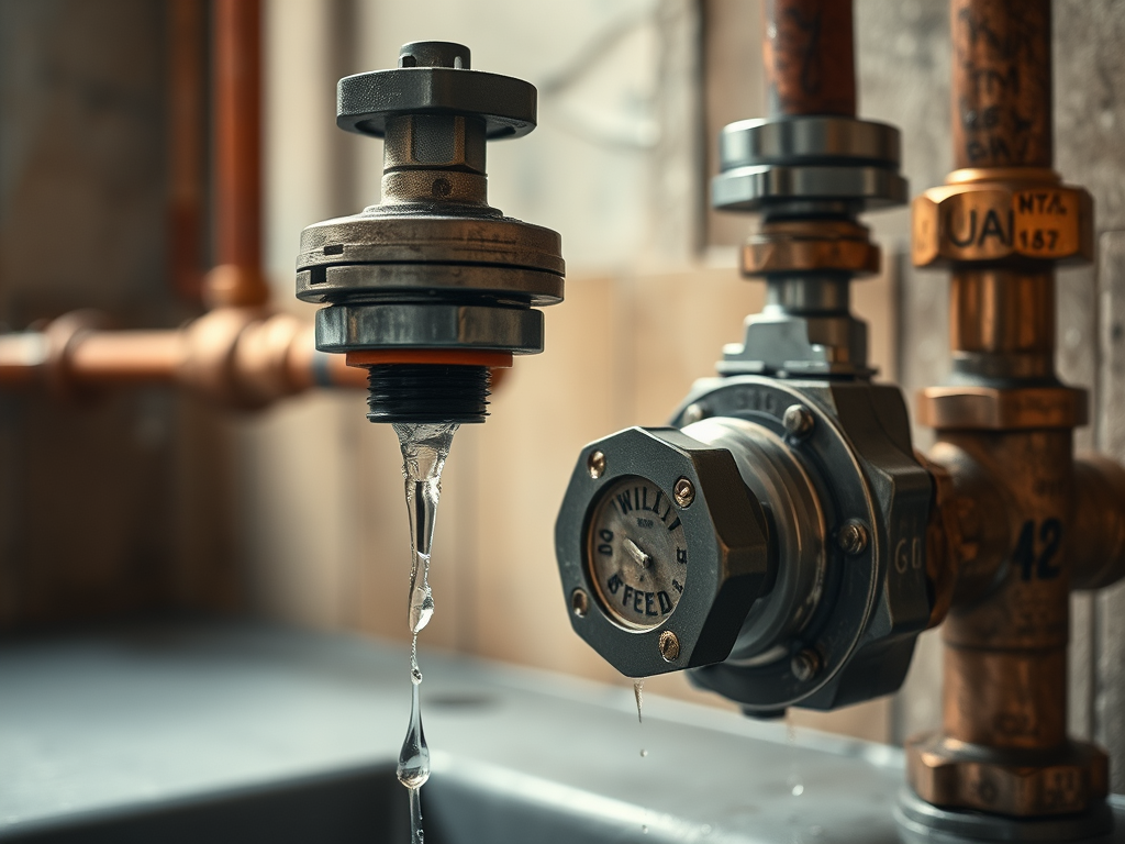 Copper pipes and a valve with water dripping into a sink.