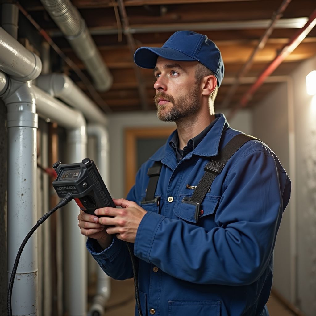 Plumber in blue overalls and cap, inspecting pipes with a handheld camera in a basement.