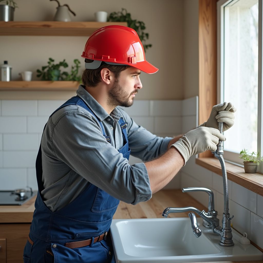 Plumber in blue overalls and red hard hat repairing kitchen sink faucet.
