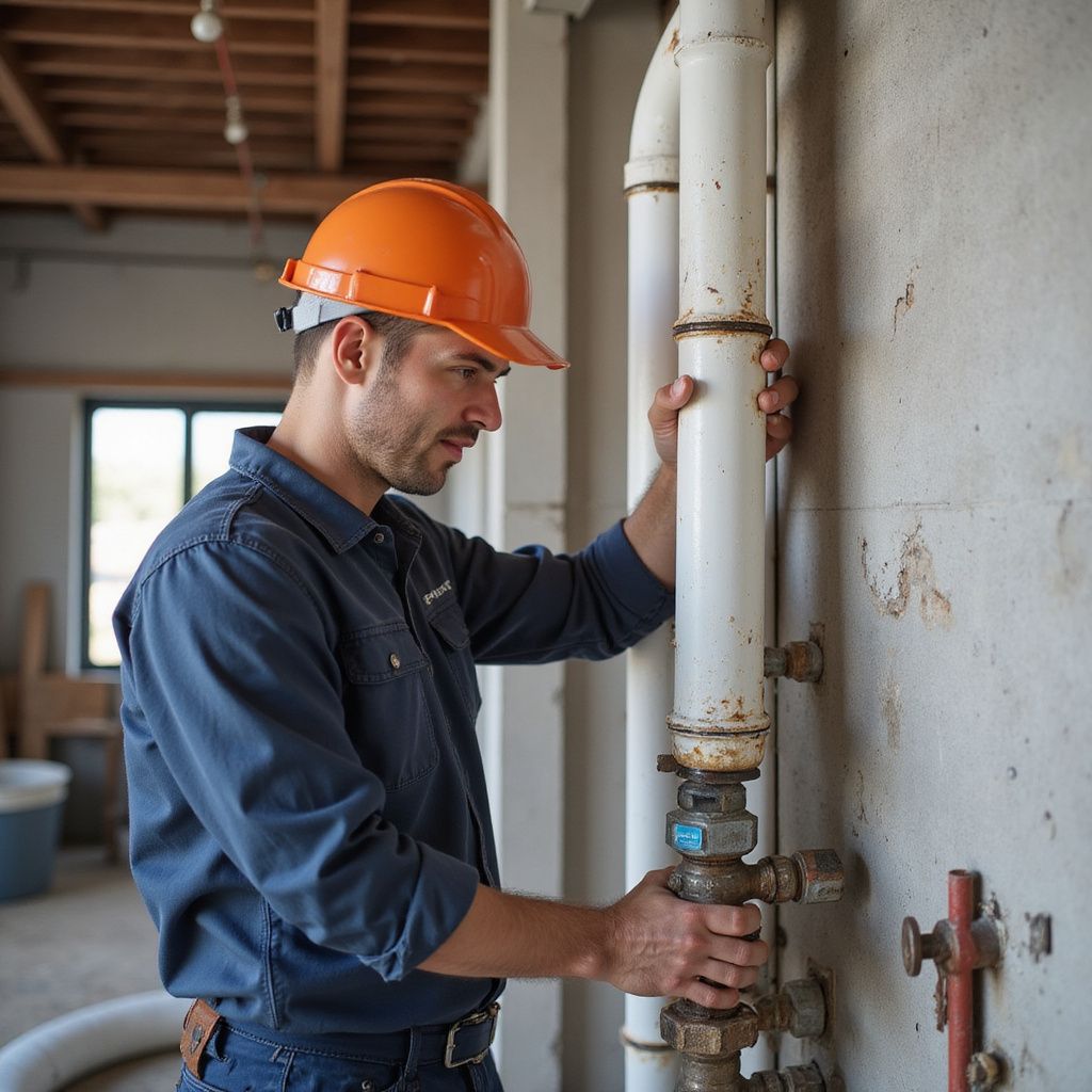 Man in orange hard hat inspecting pipes against a concrete wall.