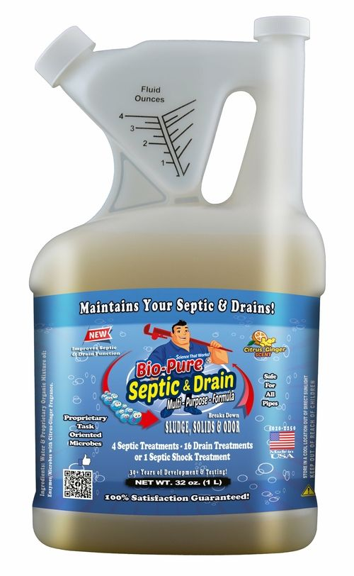 Bottle of septic & drain cleaner with superhero graphic.