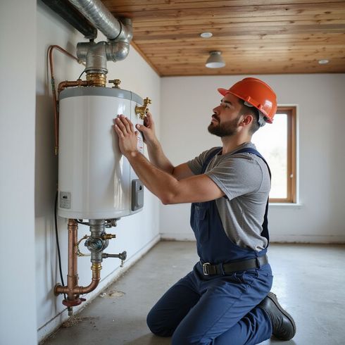 Plumber kneeling, working on a water heater in a room, wearing a hard hat and overalls.