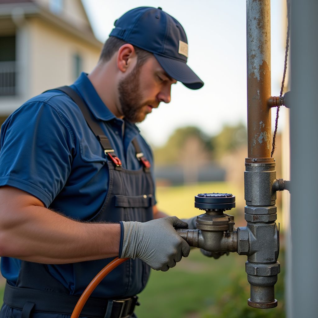 Plumber in overalls and cap fixing a pipe outdoors.