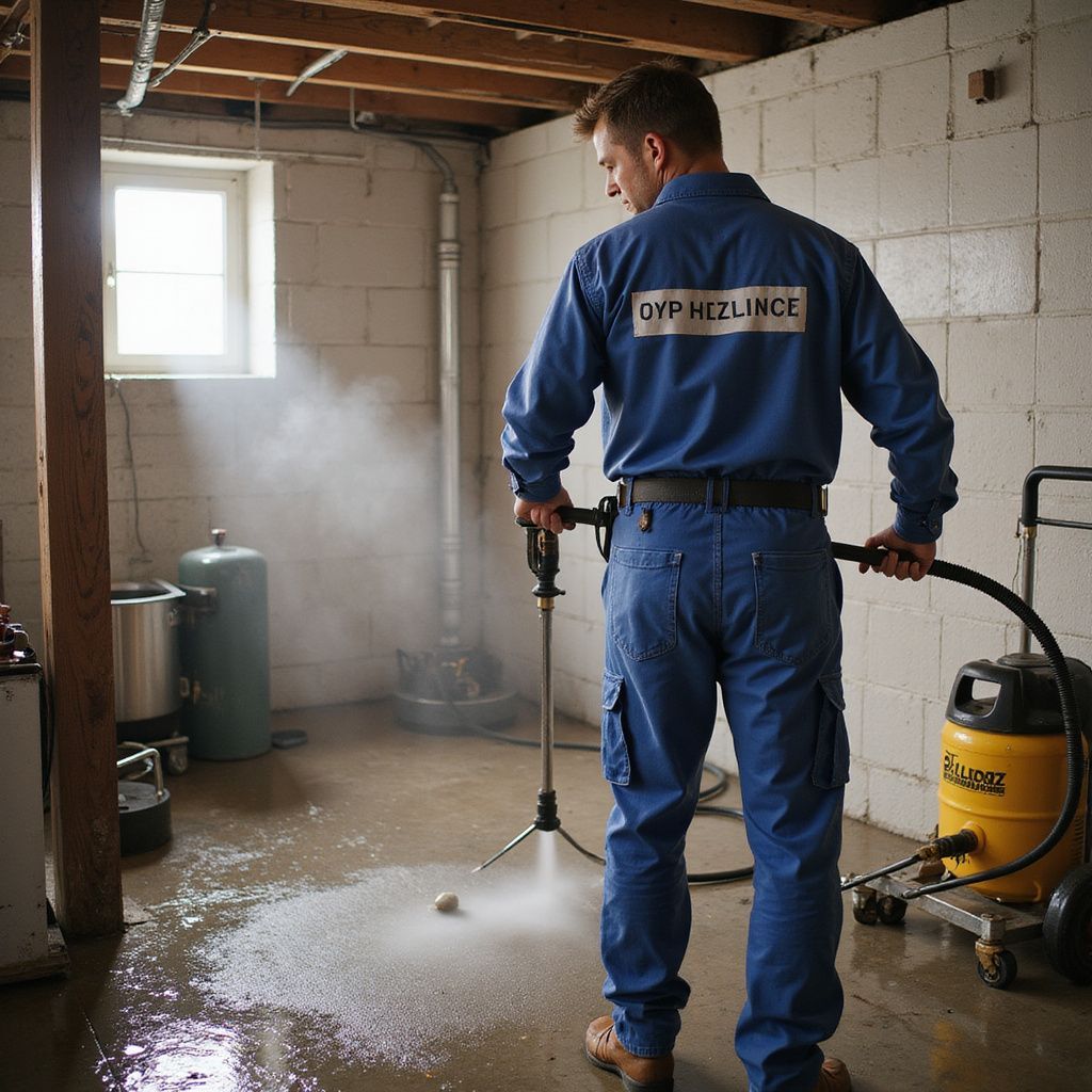 Man in blue coveralls power washing a basement floor.