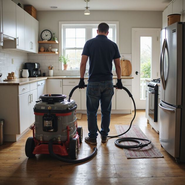 Man cleaning kitchen floor with industrial machine. Kitchen: white cabinets, wooden floor.