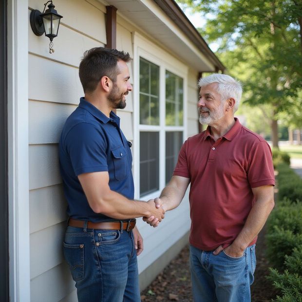 Two men shaking hands in front of a house. The younger man wears blue, the older wears red.