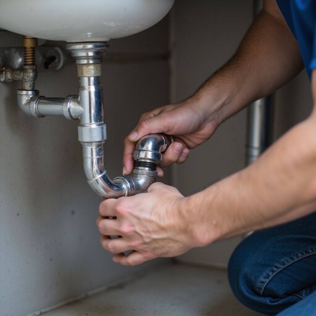Plumber working under a white sink, connecting pipes with silver fixtures in a white and gray cabinet.