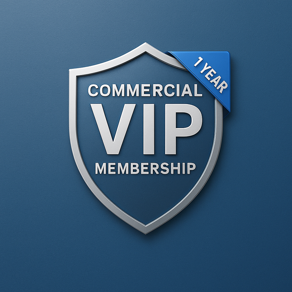 Silver shield-shaped Commercial VIP Membership badge on blue background, with a 1 Year ribbon.