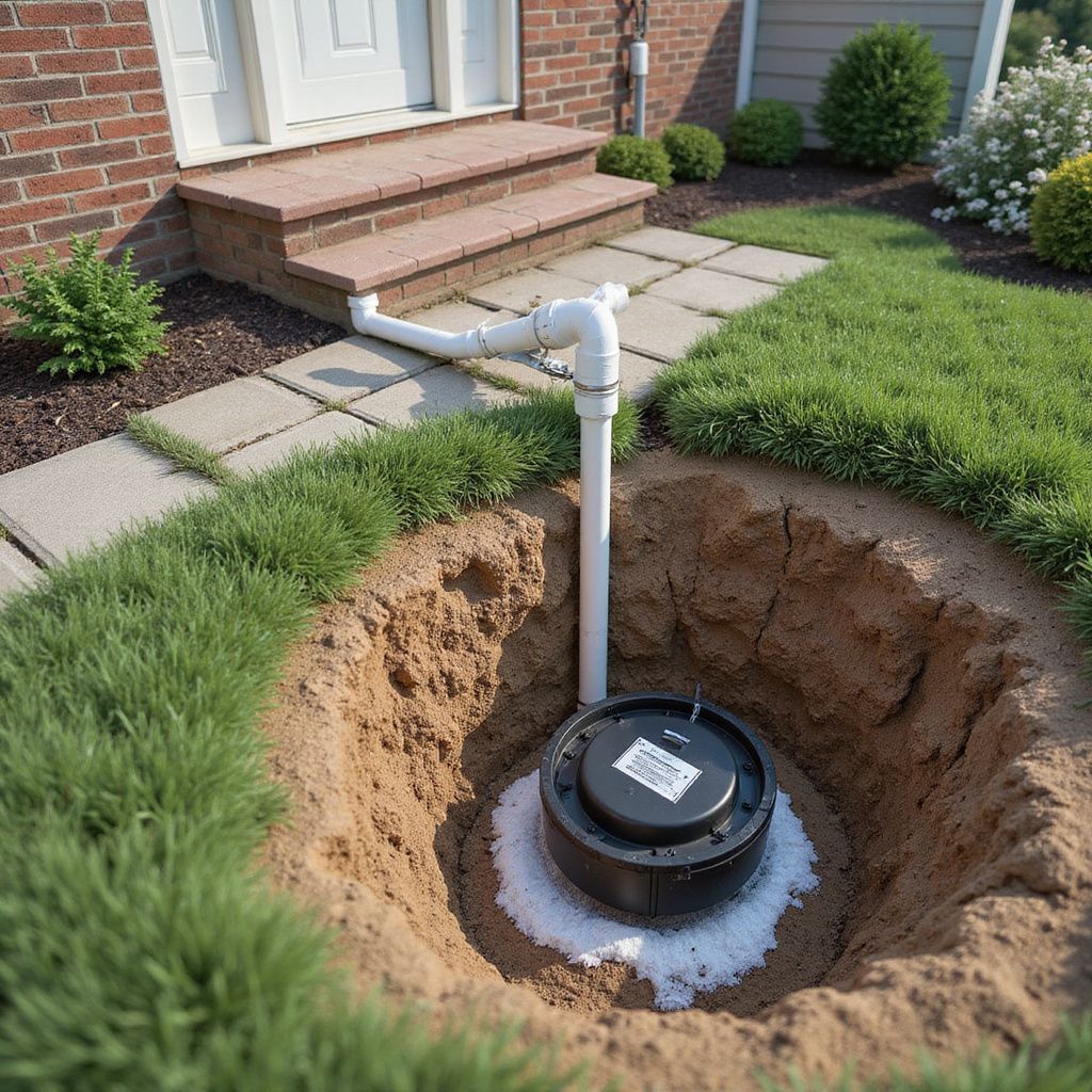 Hole in ground with water pump and piping near a house entrance and garden.