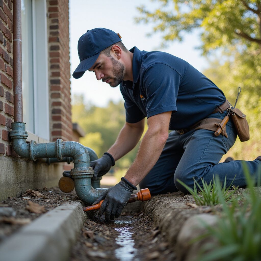 Plumber kneeling outdoors, inspecting pipes. Blue shirt and cap, gloves, brown belt, brick wall, grass.