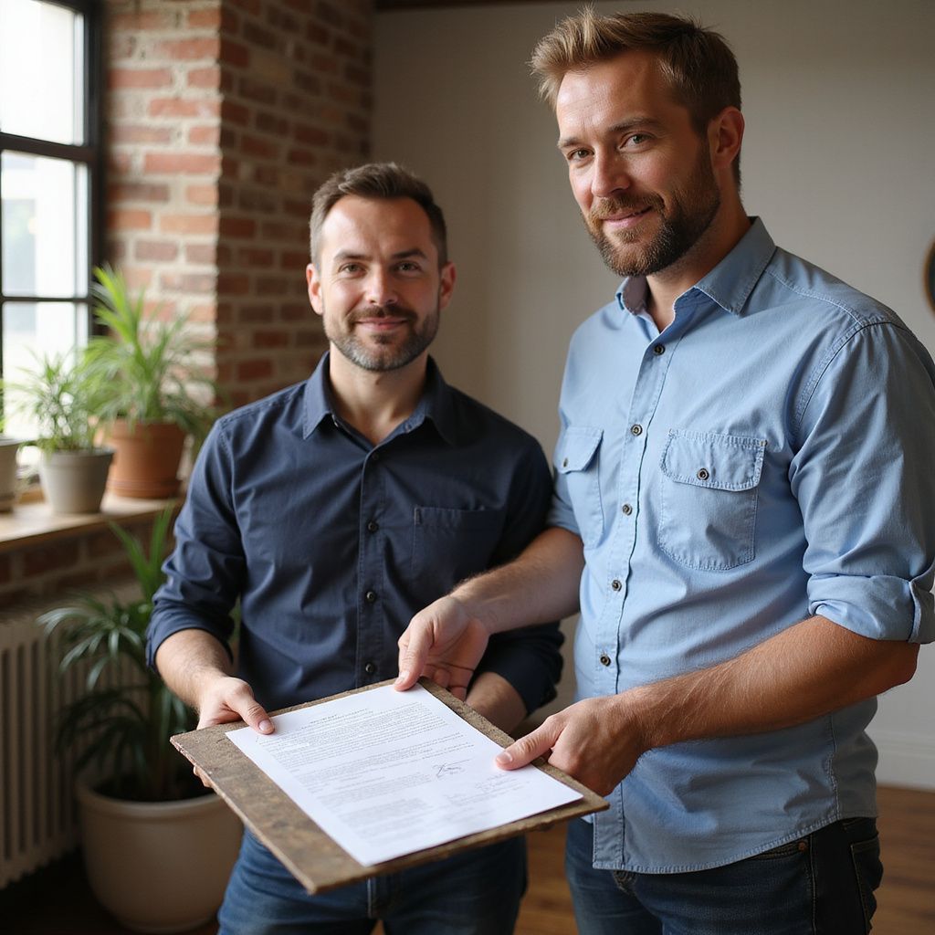 Two men in office setting looking at document on clipboard.