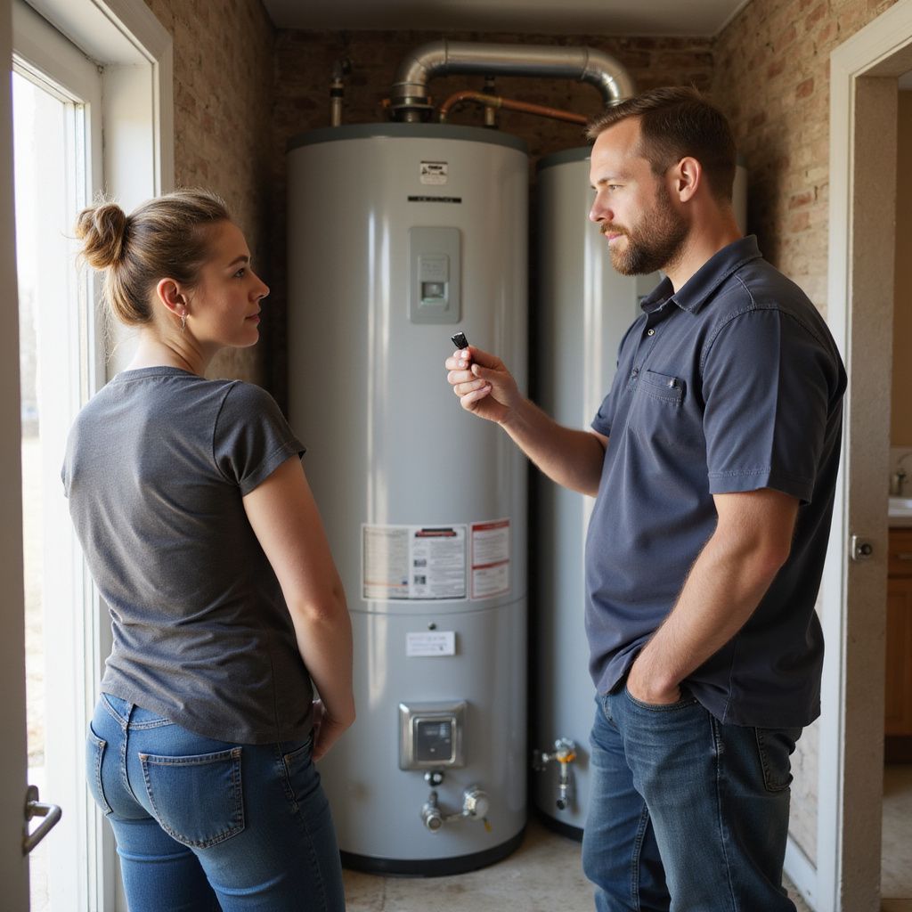 A man and woman stand next to a water heater, discussing it in a utility room.