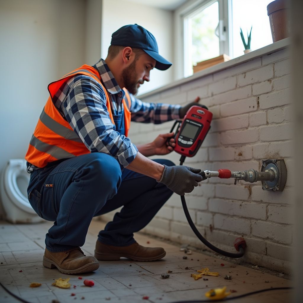 Man in work clothes inspecting a pipe on a brick wall with a red device.