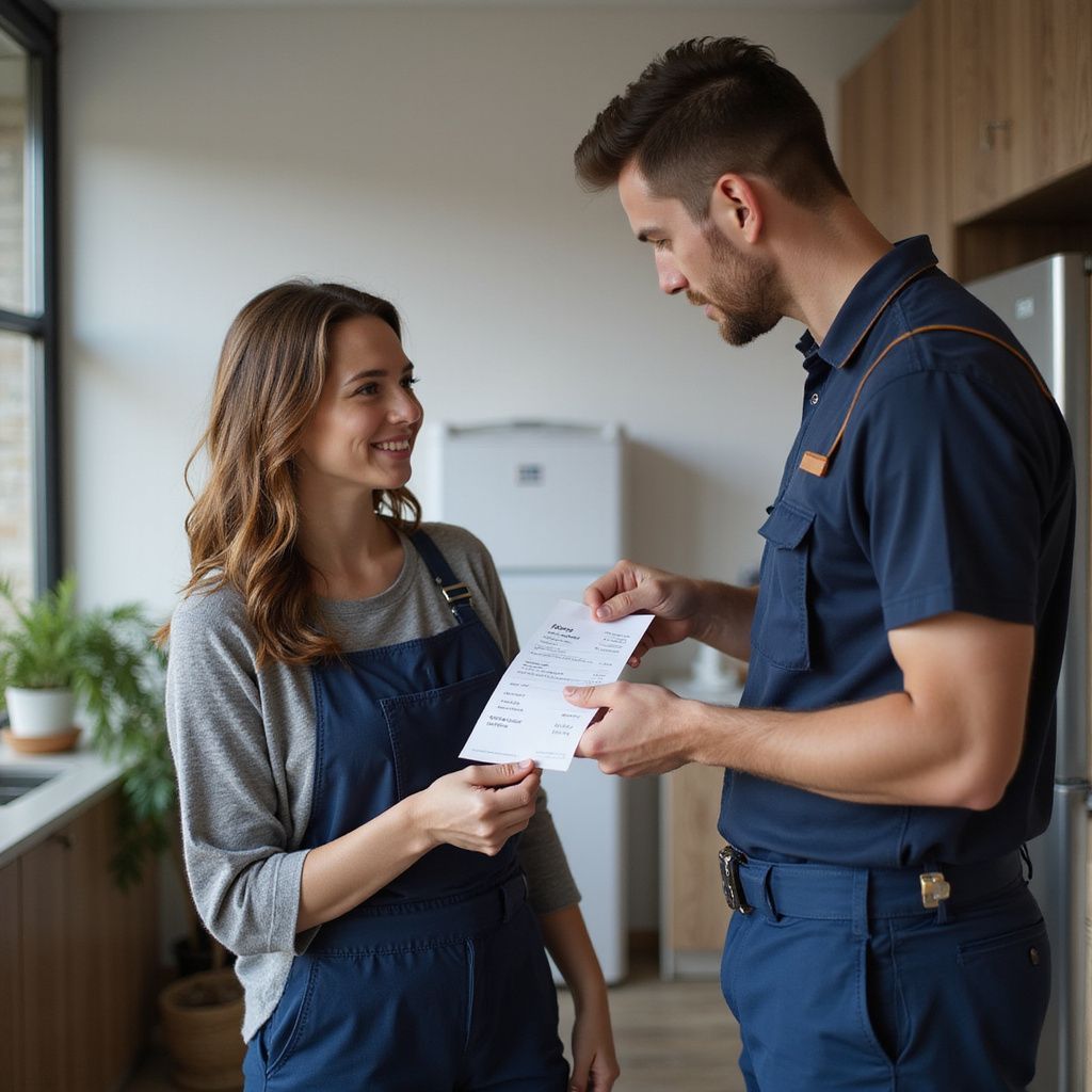 Woman in overalls receives paperwork from uniformed man in a kitchen, smiling.