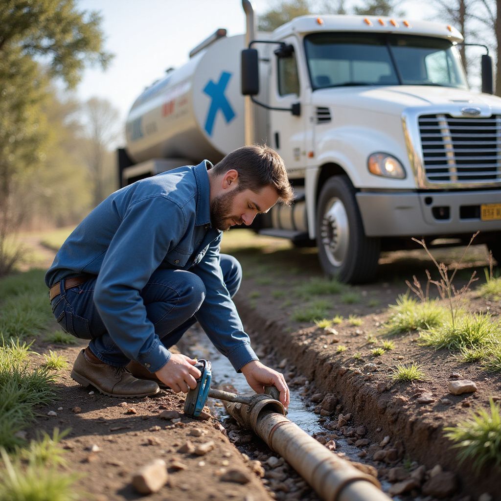 Man in blue shirt and jeans inspecting a pipe in a trench near a white tanker truck.