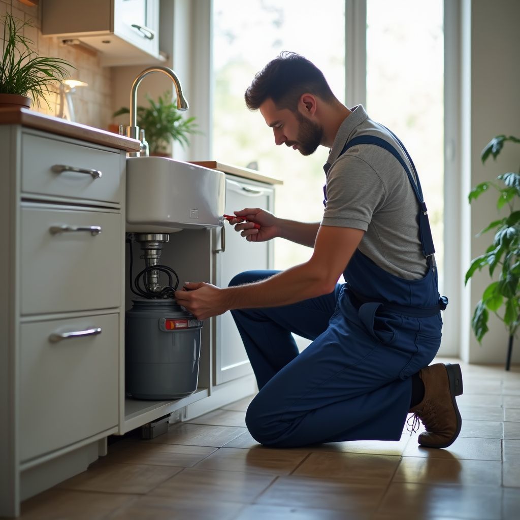 Plumber in blue overalls kneels to work on a kitchen sink.