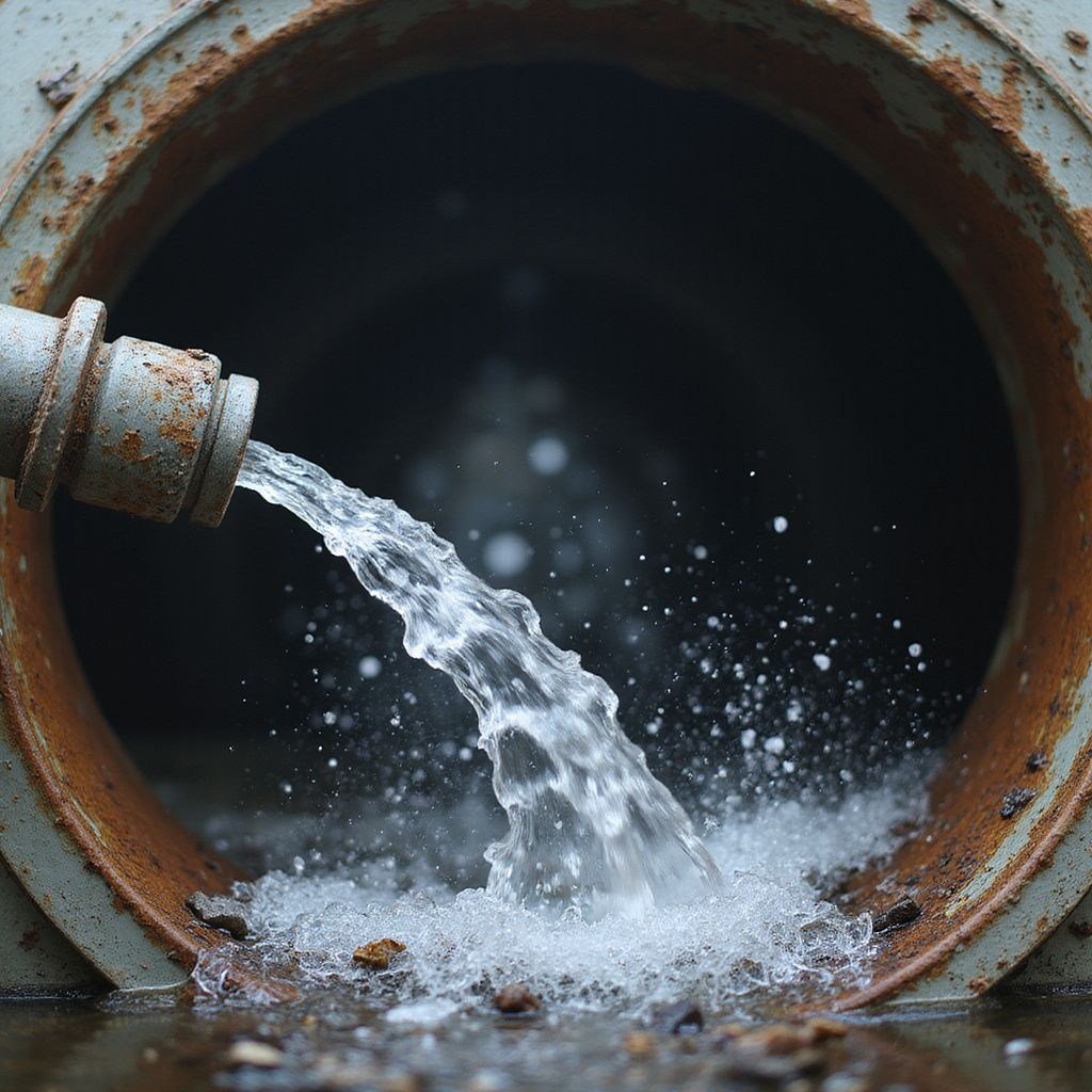 Water pouring from pipe into rusty culvert.