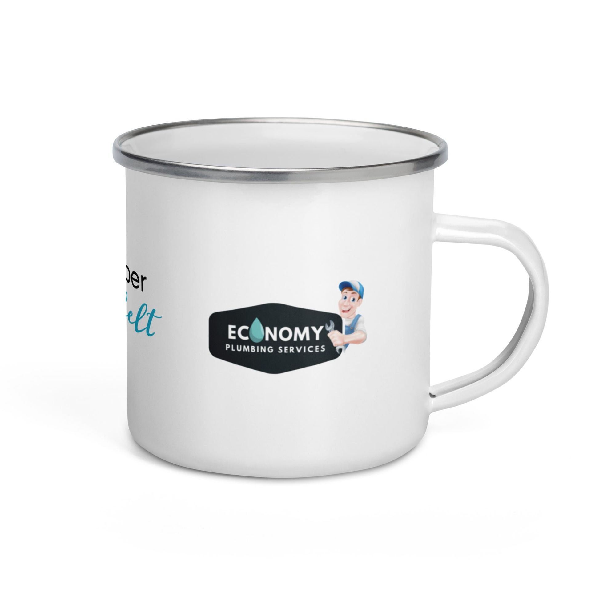 White enamel mug with plumber logo and text, 