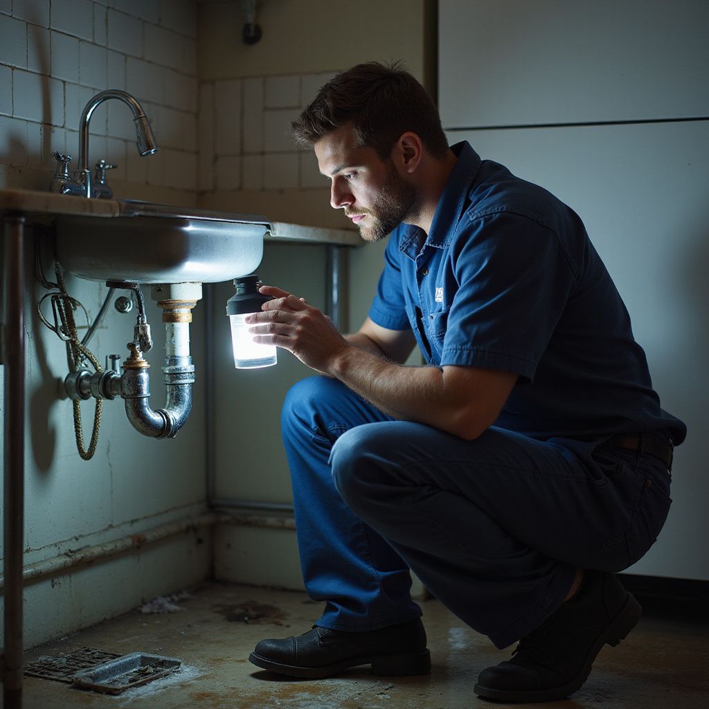 Man in blue uniform examines plumbing under a sink, illuminated by a handheld light in a dimly lit room.