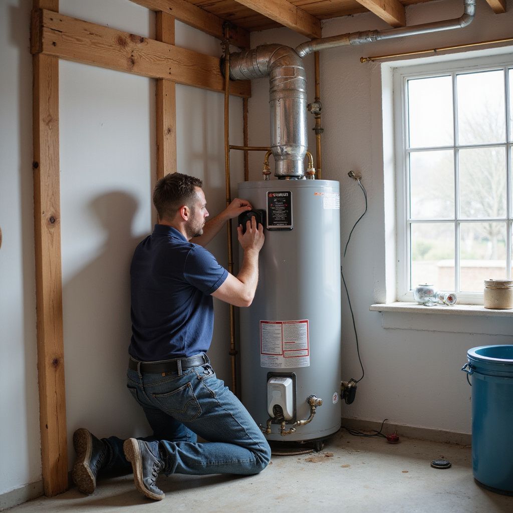 Man kneels by water heater, adjusting controls in a basement with window and wooden beams.