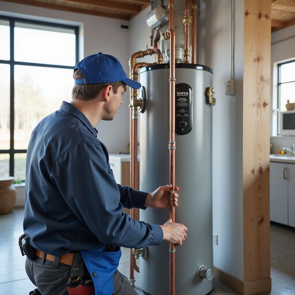 Plumber in blue uniform inspecting a gray water heater in a well-lit room.