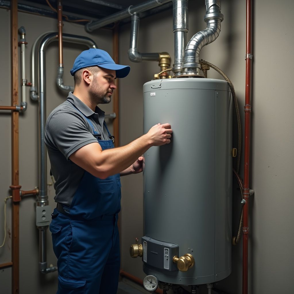 A plumber in blue overalls and cap inspecting a water heater in a utility room.