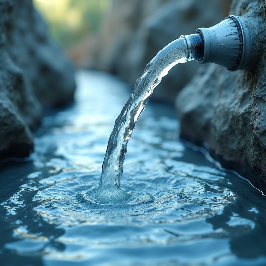 Water pouring from a pipe into a small, rocky stream; blue hues.