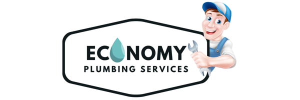 Economy Plumbing Services logo: Cartoon plumber with a wrench, next to a water drop inside a hexagon.