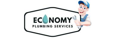 Economy Plumbing Services logo: Cartoon plumber with a wrench, next to a water drop inside a hexagon.