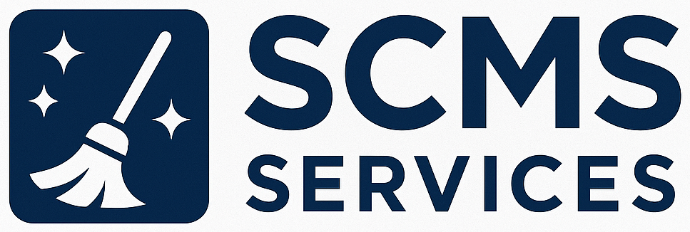 Logo: a blue square with a broom and sparkles, 
