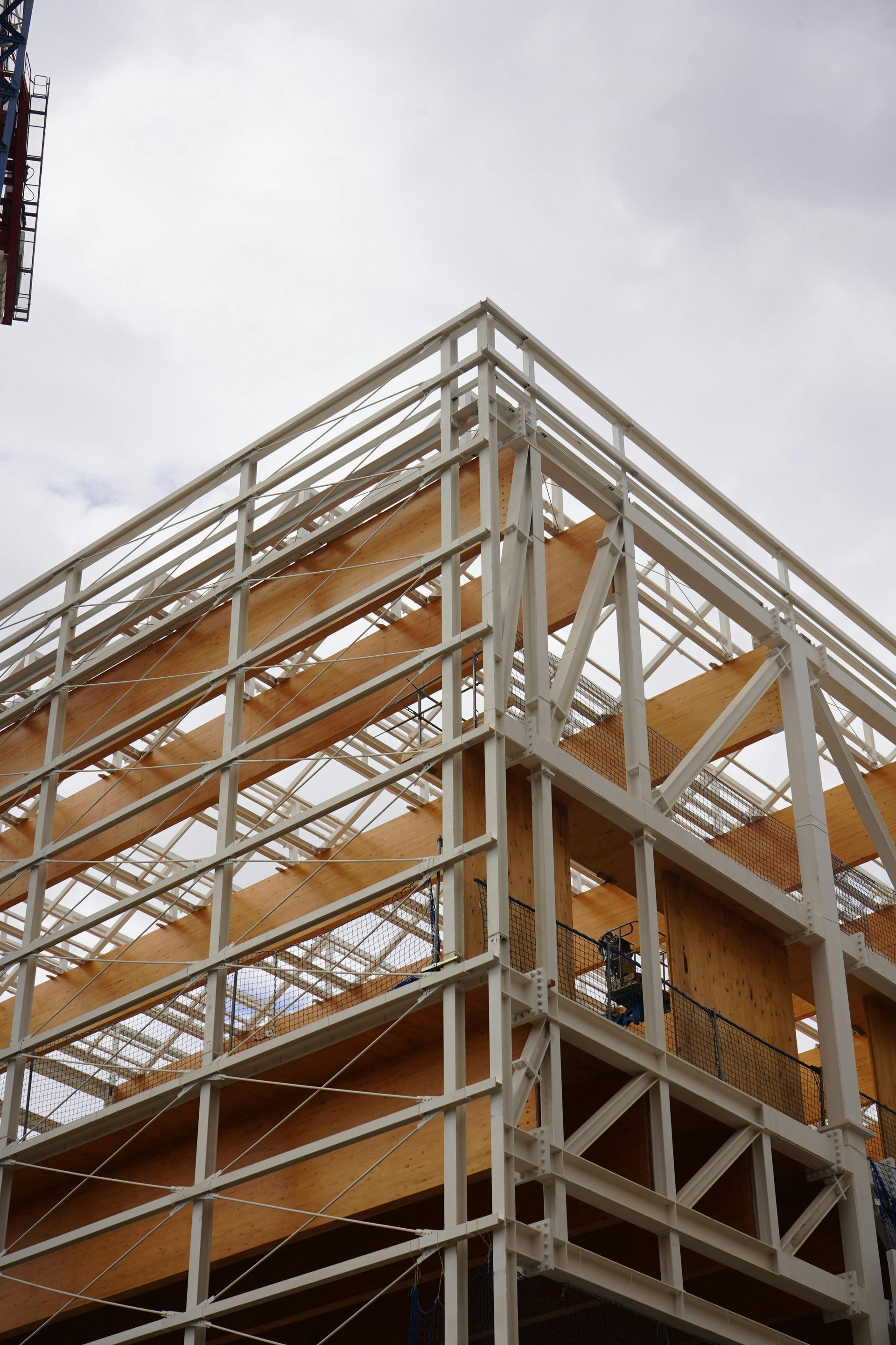 A low-angle view of a building under construction featuring a white steel frame skeleton and exposed wooden floor panels.