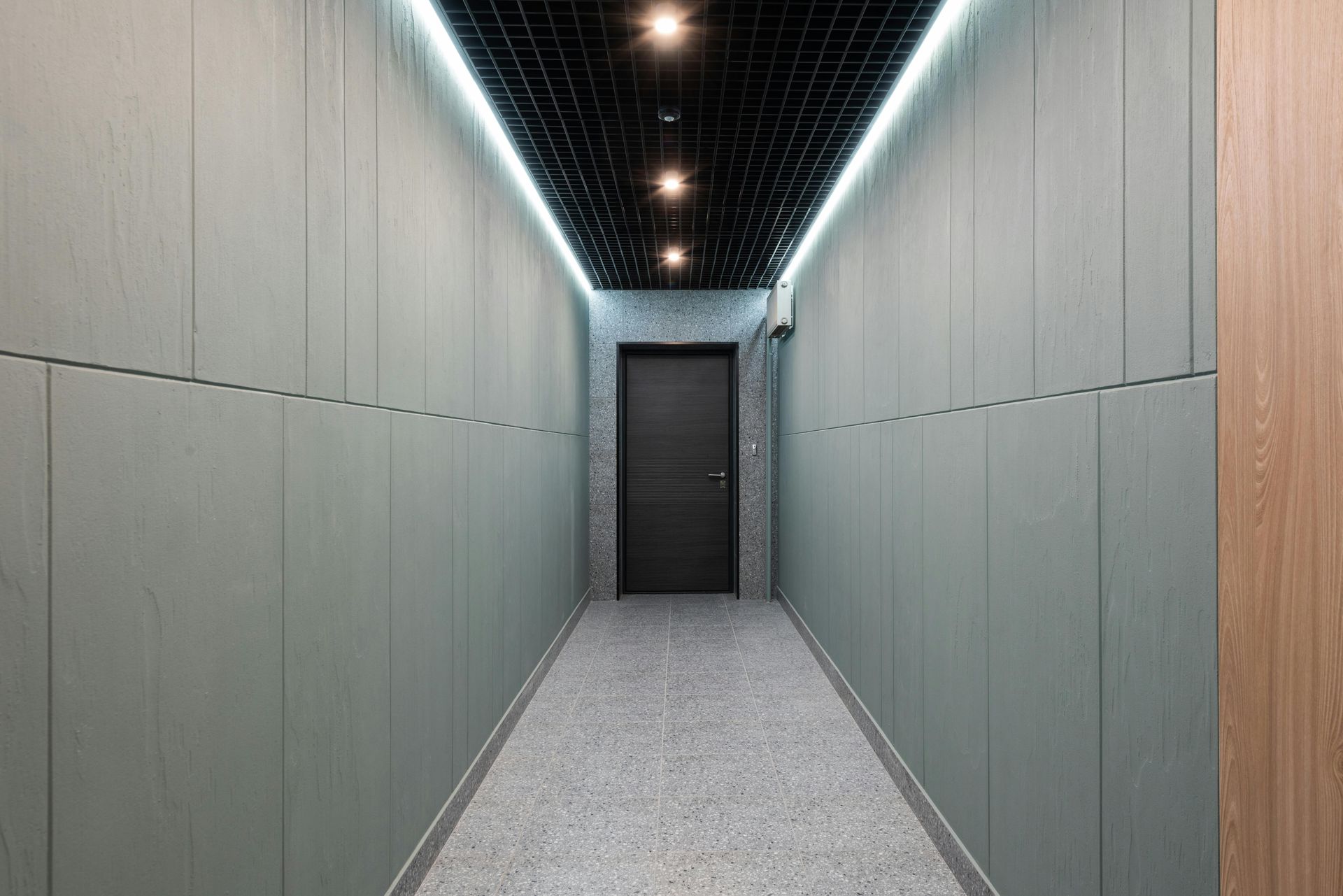 A long, narrow hallway with matte blue-grey paneled walls, a black grid ceiling, LED lighting, and a dark end door.