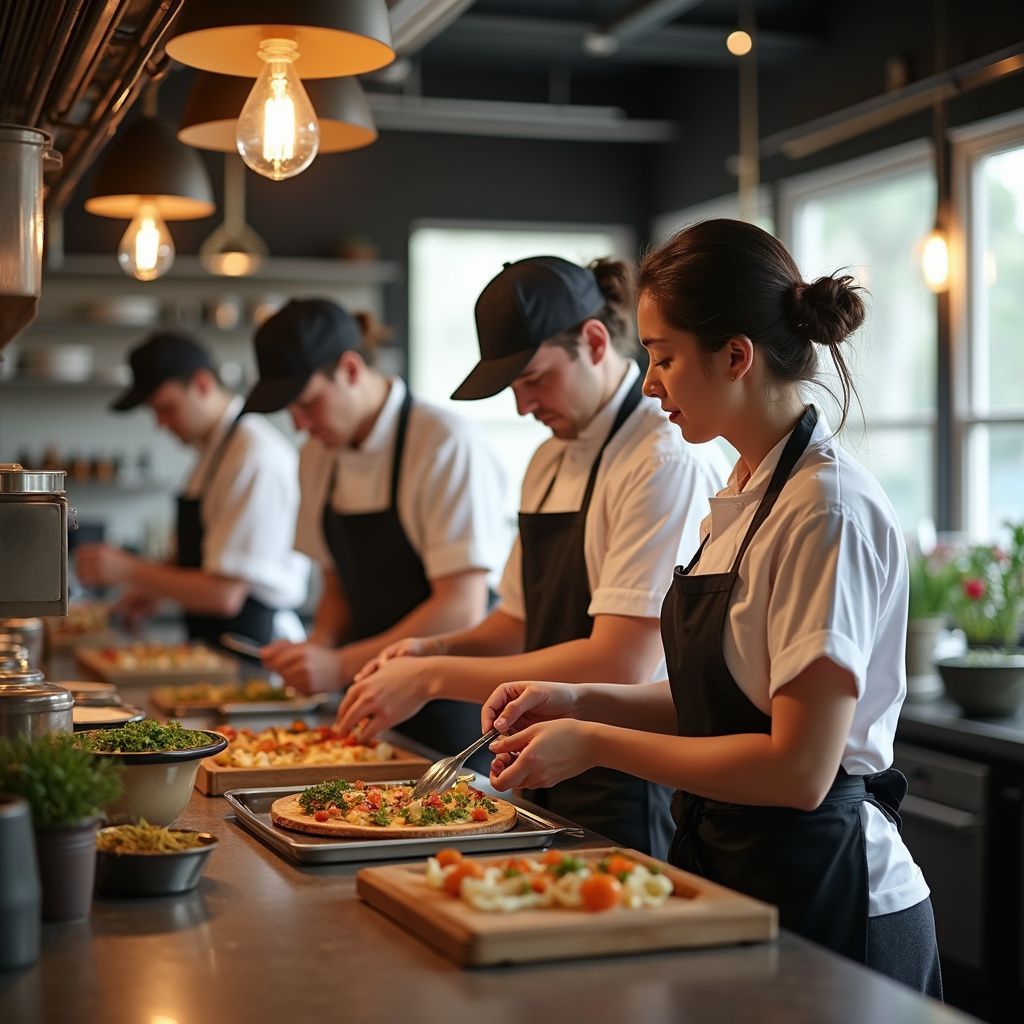 Chefs in a restaurant kitchen preparing food on trays. Black aprons, white shirts, under soft light.