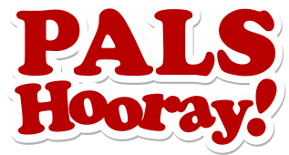 A red sticker that says pals hooray on a white background