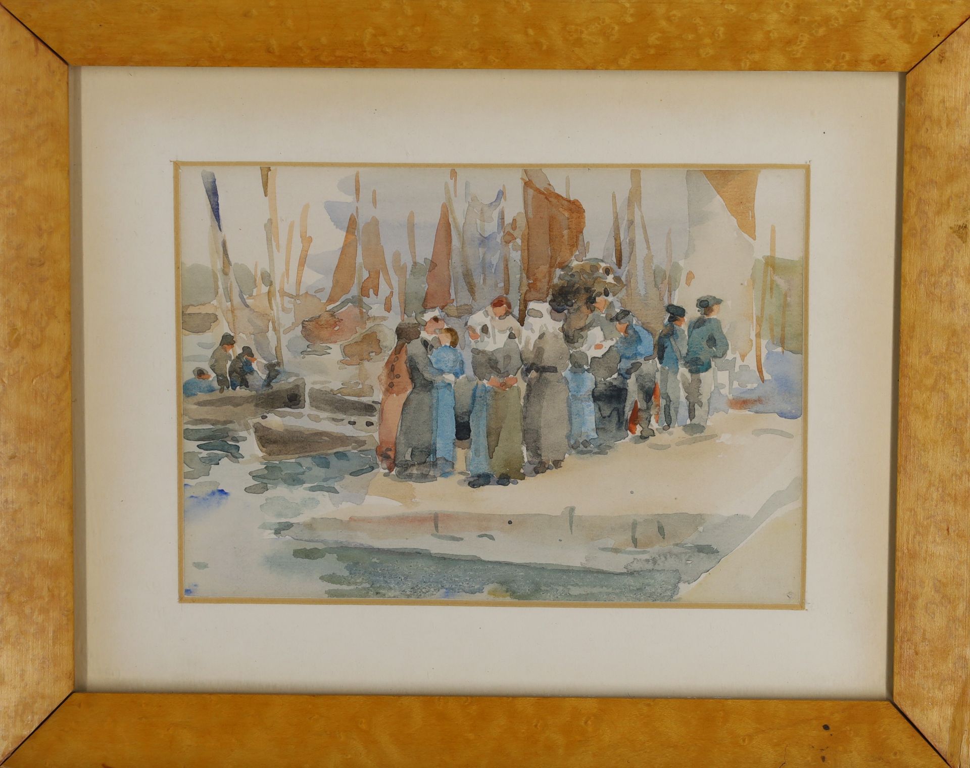 Watercolour painting with a crowd on the edge of a stone dock with red-sailed boats painted loosely in the background. 