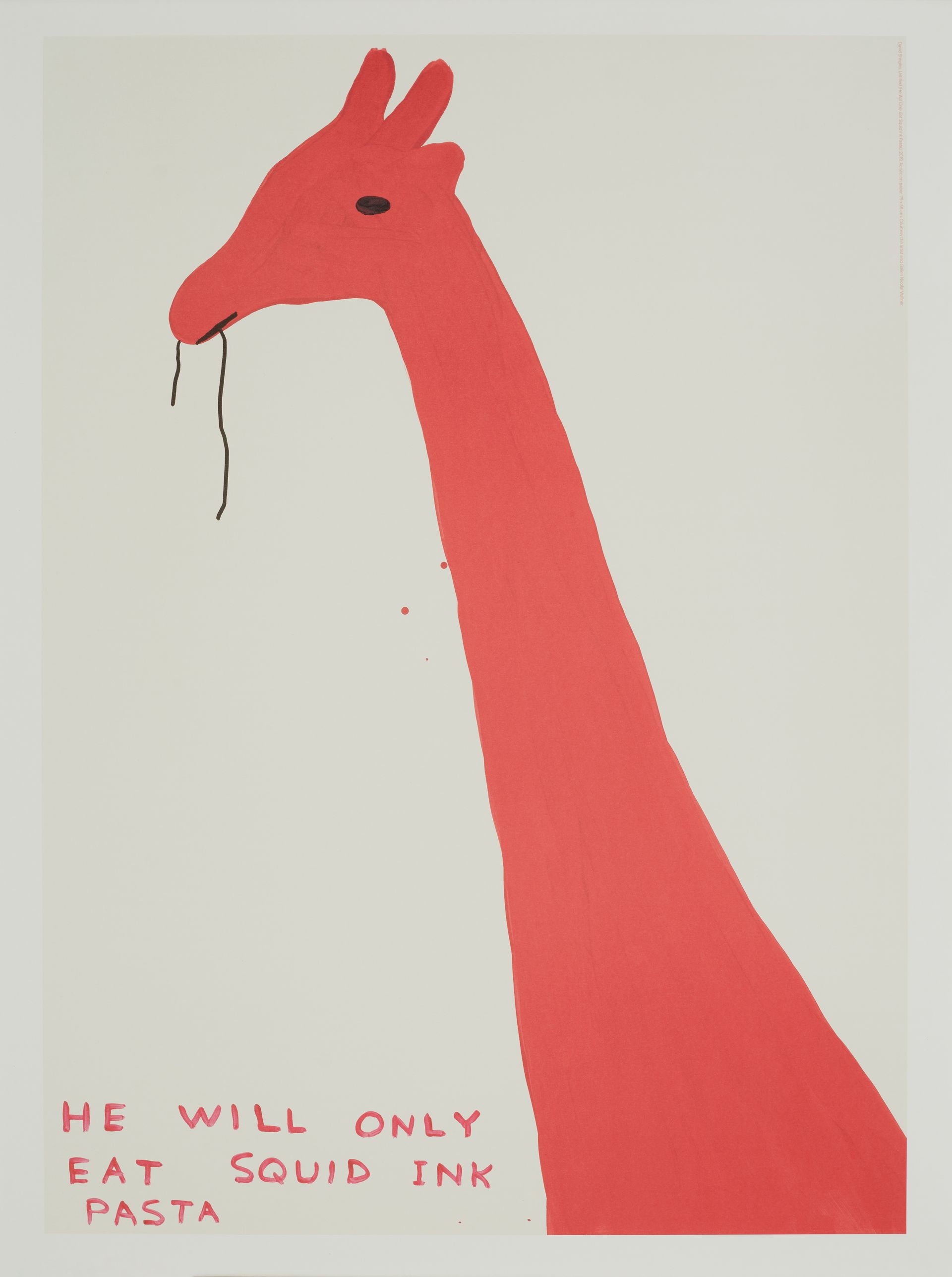 Graphic red giraffe with a thin black noodle in its mouth. TEXT ON IMAGE: He will only eat squid ink pasta. 