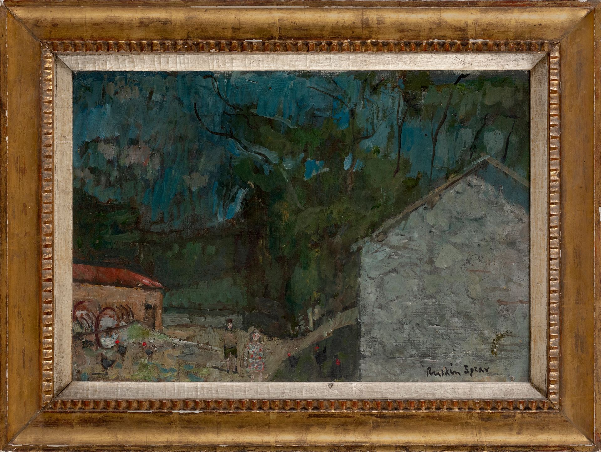 Oil painting of a scene in a farmyard with two figures, a series of chickens, and a grey farmhouse.