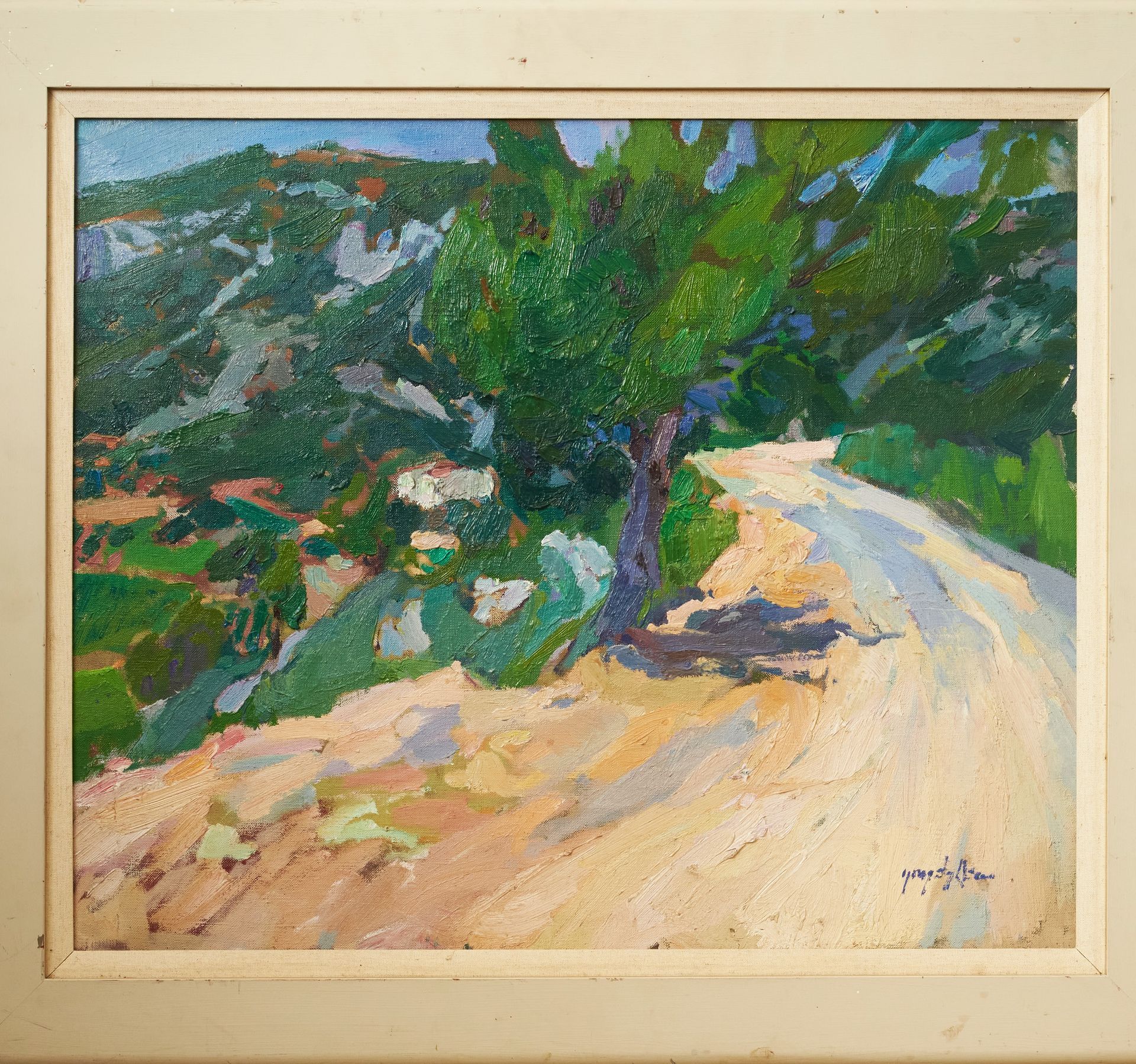 Abstract painting of a mountainous road, dominated by a loosely painted large tree.