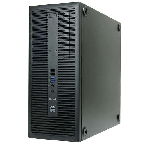 A black hp desktop computer is sitting on a white surface.