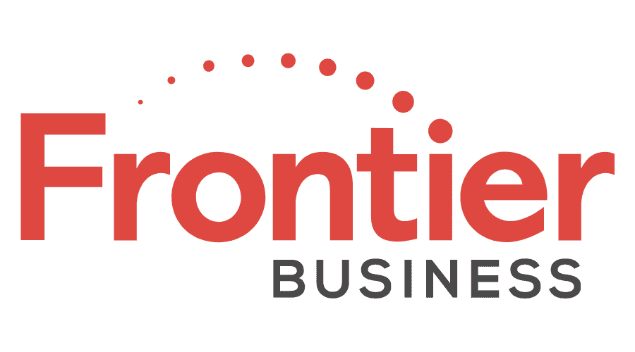 The logo for frontier business is a red and white logo with dots.