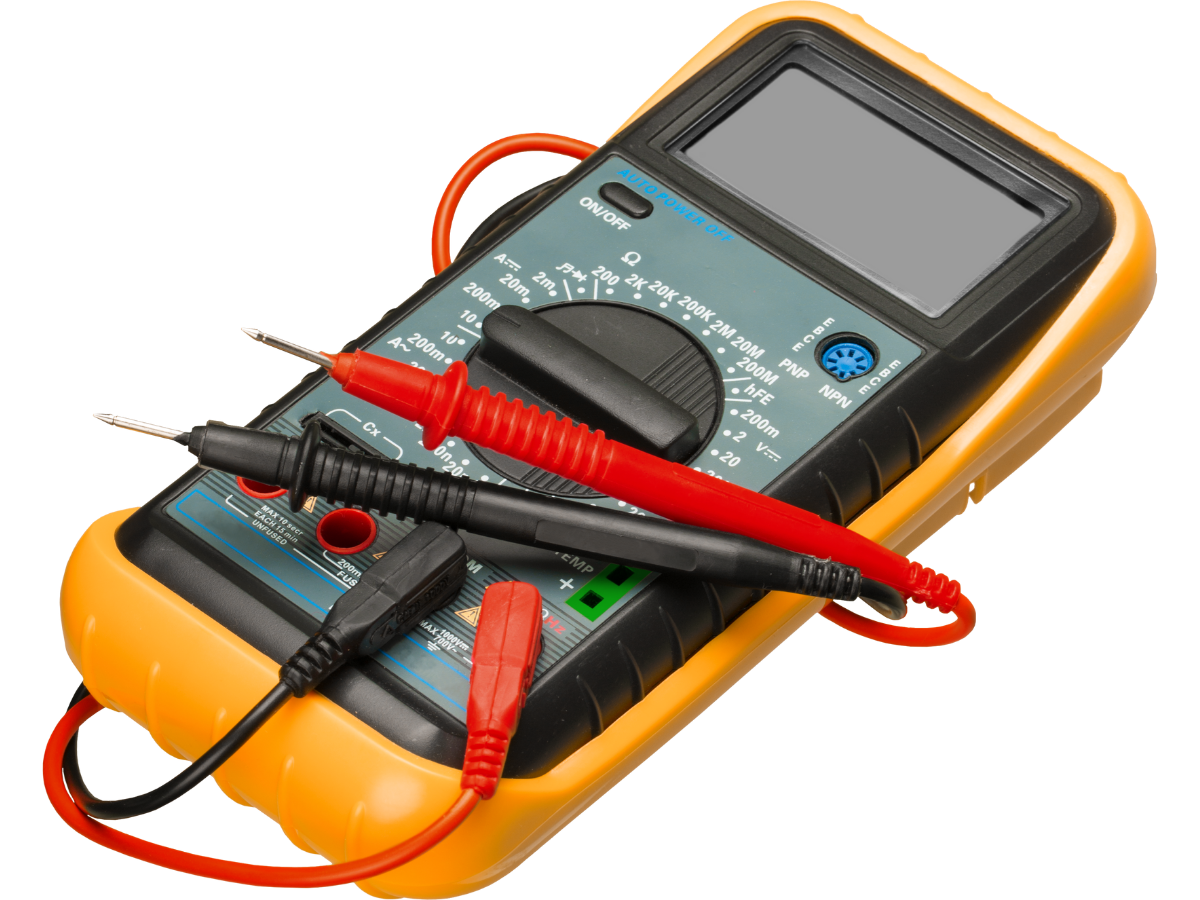 Multimeter with black and red probes, on yellow protective case.