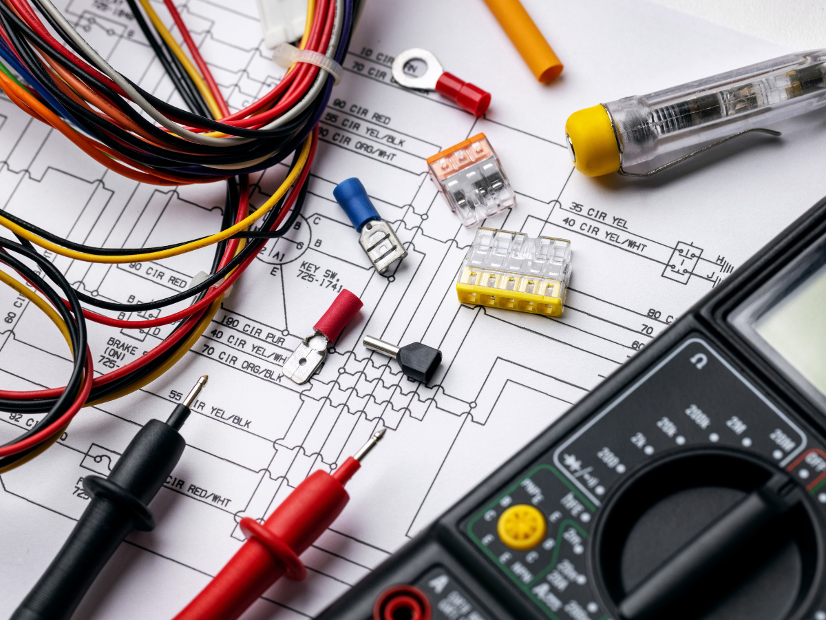 Electrical tools on a schematic: wires, multimeter, connectors, and a voltage tester.