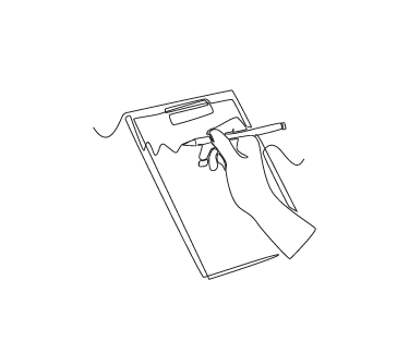 Hand placing a pen into a clipboard holder or paper tray on a slanted surface