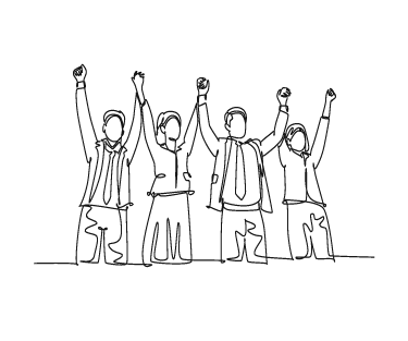 Four people standing with raised fists in a simple black-and-white line drawing