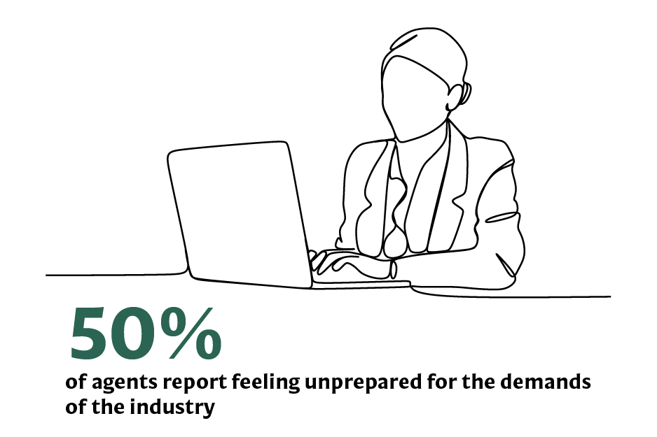 50% of agents feel unprepared for industry demands, shown with a line drawing of a person at a laptop.