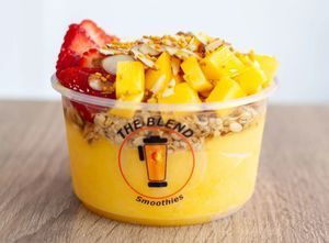 12 oz: Mango Base, Mango, Strawberries, Bee Pollen, Almonds, Granola, Agave