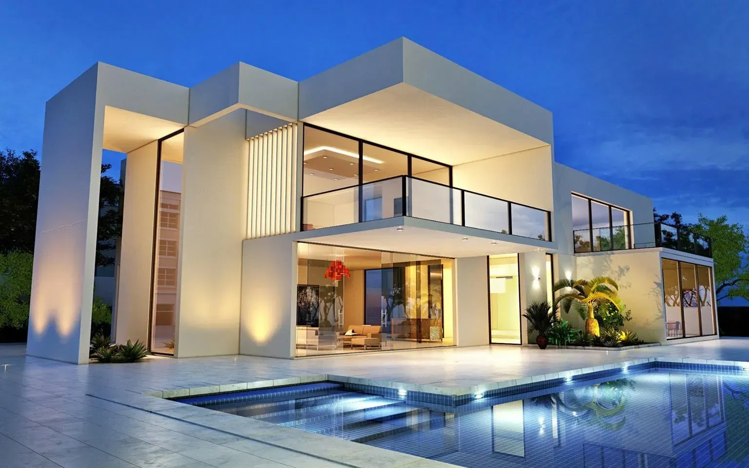 Modern white house with glass walls, balcony, and pool, illuminated at dusk.