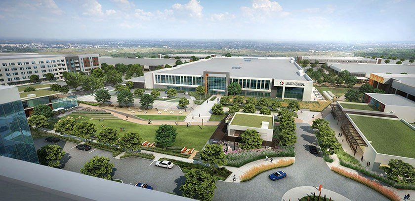 An artist 's impression of a large building with a green roof